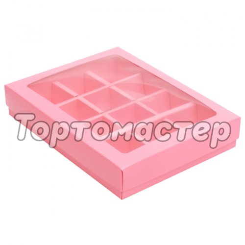 Коробка на 12 конфет с окном розовая 19х15х3,6 см КУ-046