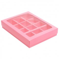 Коробка на 12 конфет с окном розовая 19х15х3,6 см КУ-046