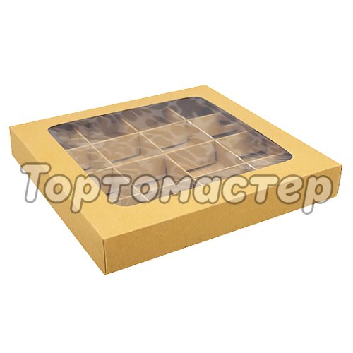 Коробка на 16 конфет с окном крафт 20х20х3 см УПП-17-К-со