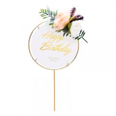 Топпер декоративный акриловый в рамке "Happy Birthday" Белый Круглый 