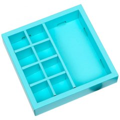 Коробка на 8 конфет и шоколадную плитку с окном голубая 17,7х17,8х3,85 см 7007543